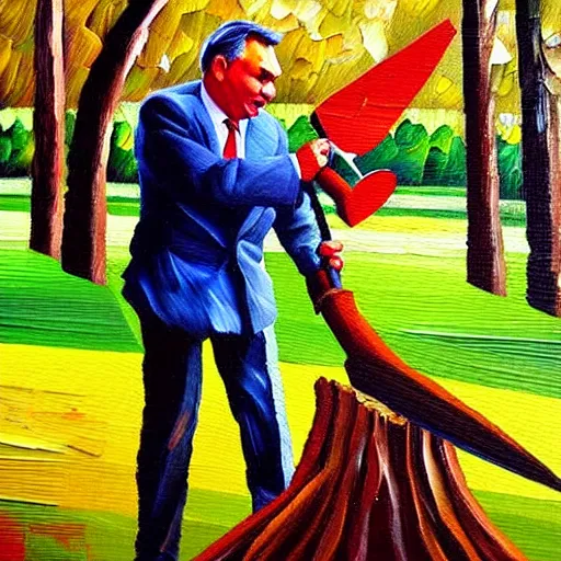 Image similar to viktor orban chopping a tree, oil painting