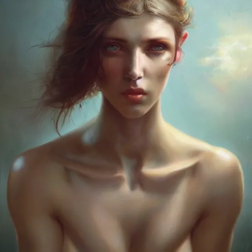 Image similar to painting of a very beautiful girl with muscles lifting weights, very beautiful face, pretty face, very detailed eyes by tom bagshaw, greg rutkowski, wlop