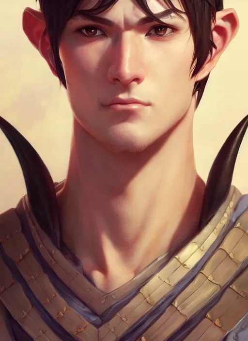 Image similar to portrait of a handsome young warrior with horns, clean - shaven, realistic anime, intricate, highly detailed, unreal engine 5, 8 k, digital fantasy illustration, art by rossdraws and alphonse mucha, sharp focus, octane render, trending on artstation,