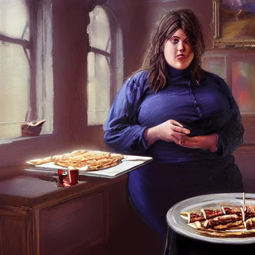 Image similar to portrait of a brunette chubby irish woman with blu eyes eating kebab, light stubble with red shirt inside victorian mansion ,digital art,photorealistoc,art by greg rutkowski,hyperdetailed,western comic style,comic,comic style,sharp lineart,professional lighting,deviantart,artstation,trevor henderson,rossdtaws,cinematic,dramatic