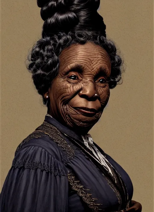 Image similar to a portrait of an old black woman with a crooked nose in victorian clothing, confident pose, intricate, elegant, sharp focus, illustration, highly detailed, concept art, matte, trending on artstation, anime, art by james jean and artgerm and brian despain and alberto mielgo, greg rutkowski, wlop, ilya kuvshinov, strong strokes