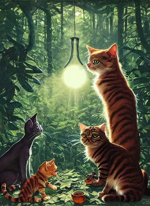 Image similar to a hyper realistic cat meeting an alien. and sunbeams blue sky, lush forest foliage painting by chiara bautista and norman rockwell and greg rutkowski weta studio, and lucasfilm