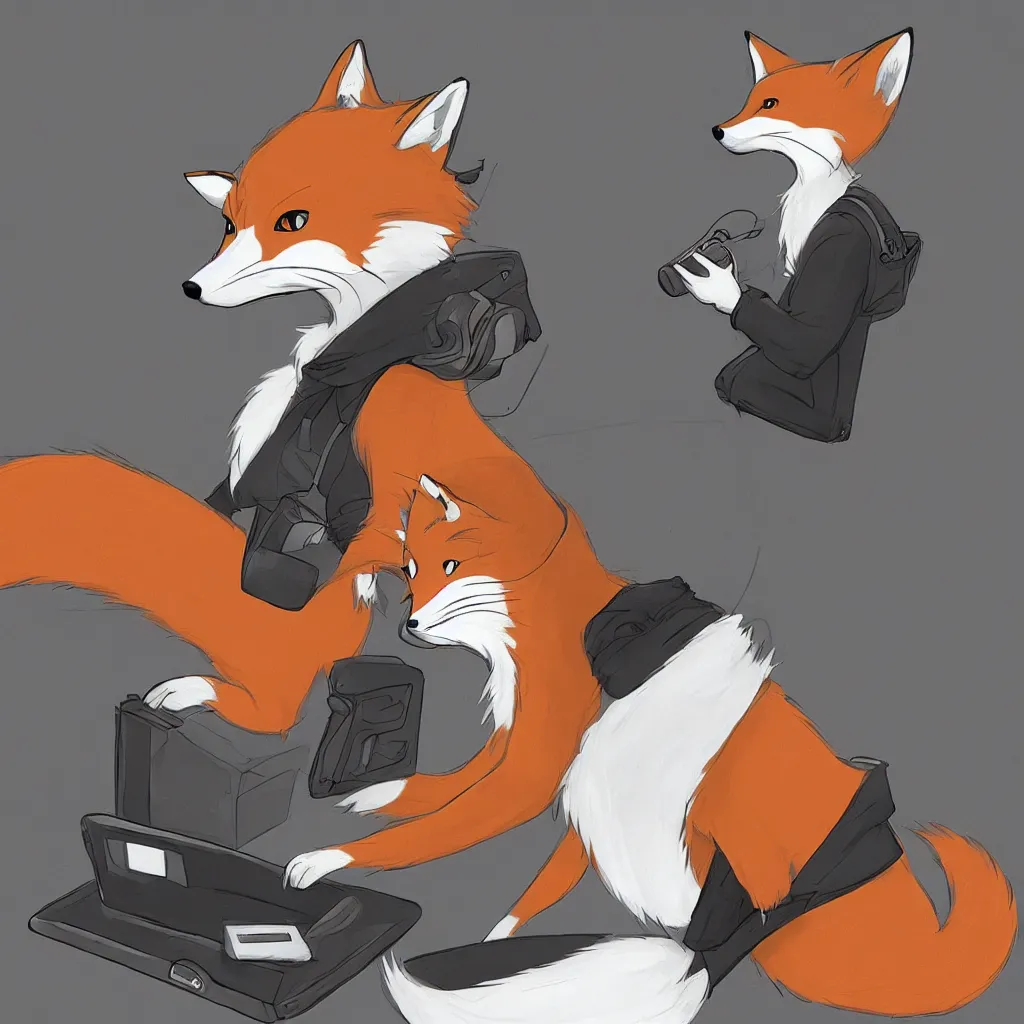 Prompt: an anthropomorphic fox in a hoodie sitting in front of a portable black computer, concept art, digital art, highly detailed, anime, by hayao miyazaki