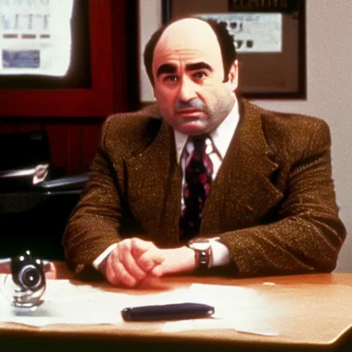 Prompt: Bob Hoskins as Eddie Valiant wearing a brown fadora and a brown pinstripe suit sitting at the desk of his detective's office, cinematic 35mm film still from 1987,