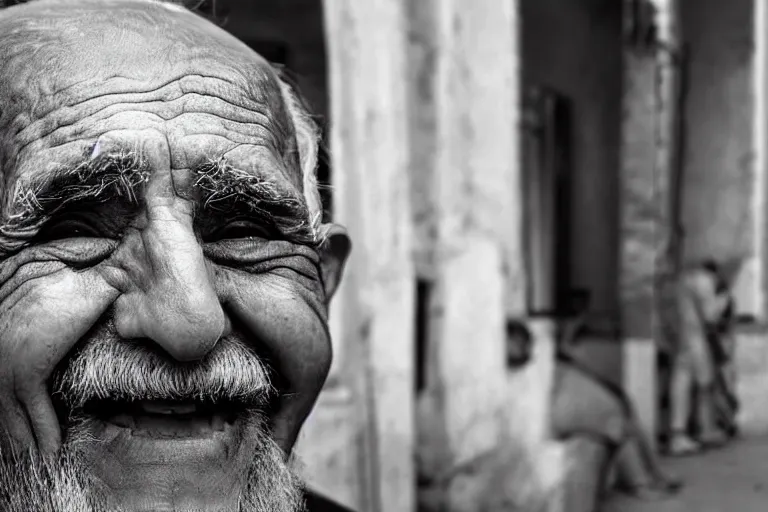 Image similar to still photo of an arab old man smiling at the camera on the street, black and white color aesthetic, highly detailed, photorealistic portrait, bright studio setting, studio lighting, crisp quality and light reflections, unreal engine 5 quality render