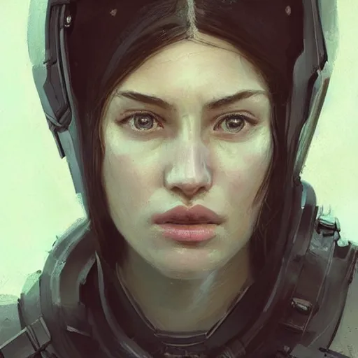 Image similar to Portrait of a woman by Greg Rutkowski, she is about 20 years old, round face, mixture turkish and russian, dark blonde hair with two strands around her face, attractive, sad and melancholy gaze, she is wearing a futuristic tactical space suit, highly detailed portrait, scifi, digital painting, artstation, concept art, smooth, sharp foccus ilustration, Artstation HQ.