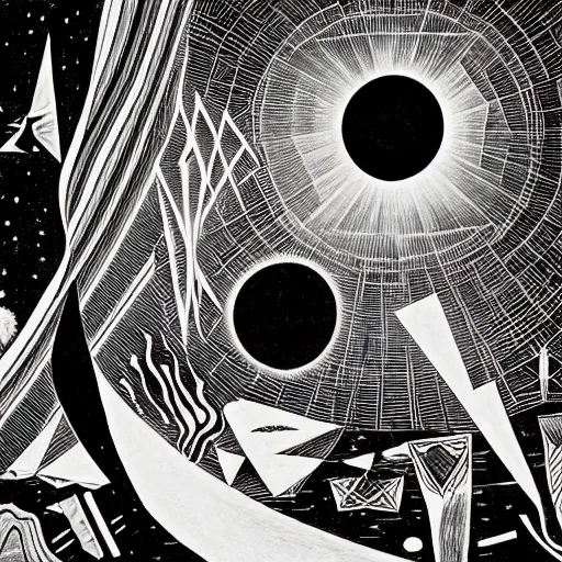 Prompt: black and white Beautiful Caravaggio and kandinsky style art deco ink drawing of detailed space maelstrom, highly detailed, Nigredo, dark enlightenment, alchemy, Art deco, Vibrant volumetric natural light In style of Josan Gonzalez and Mike Winkelmann and andgreg rutkowski and alphonse muchaand and Caspar David Friedrich and Stephen Hickman and James Gurney and Hiromasa Ogura.