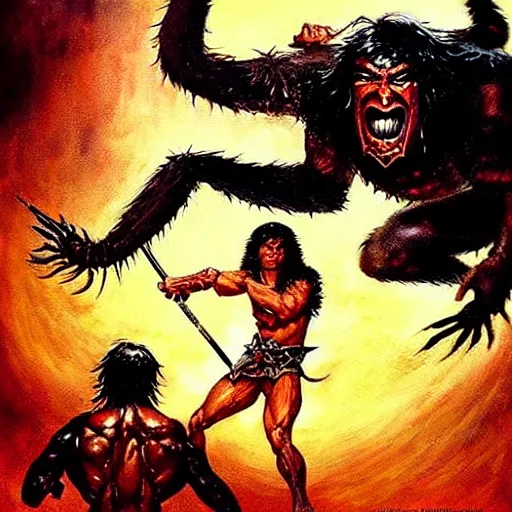 Image similar to “ conan the barbarian ” attacks “ giant black spider with red eyes ”. “ painting by ernie chan and earl norem. ”