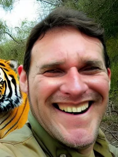 Prompt: a selfie of a man smiling in the safari with a tiger running up behind him