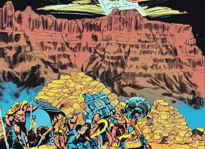 Prompt: comic book drawing of aliens building a base at the grand canyon by jack kirby!!! and simon bisley, epic, awesome bright color palette, hard contrast, black ink outlines