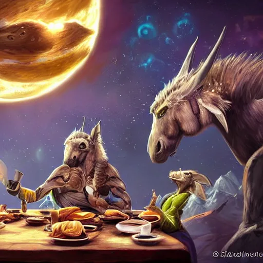 Prompt: zoom out, ultrarealistic, ultradetailed, war donkey eating breakfast, sitting on a futuristic table with aliens, at the end of the universe, very very very ultradetailed, epic fantasy style art, fantasy epic digital art, epic fantasy art, hearthstone style art, pathfinder, dungeons and dragons, floral, planets, stars, galaxies, highlights, organic, concept art