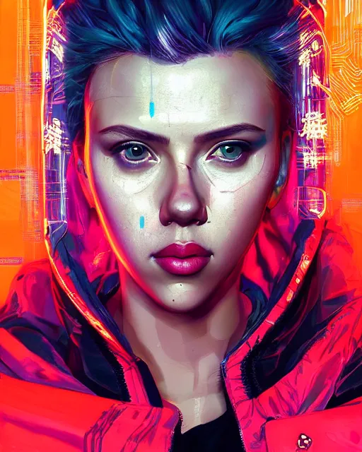 Image similar to detailed portrait Scarlett Johansson Neon Operator Girl, cyberpunk futuristic neon, reflective puffy coat, decorated with traditional Japanese ornaments by Ismail inceoglu dragan bibin hans thoma greg rutkowski Alexandros Pyromallis Nekro Rene Maritte Illustrated, Perfect face, fine details, realistic shaded, fine-face, pretty face