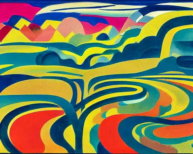 Image similar to A wild, insane, modernist landscape painting. Wild energy patterns rippling in all directions. Curves, organic, zig-zags. Saturated color. Mountains. Clouds. Rushing water. Wayne Thiebaud. Charles Burchfield. Ernst Kirchner.