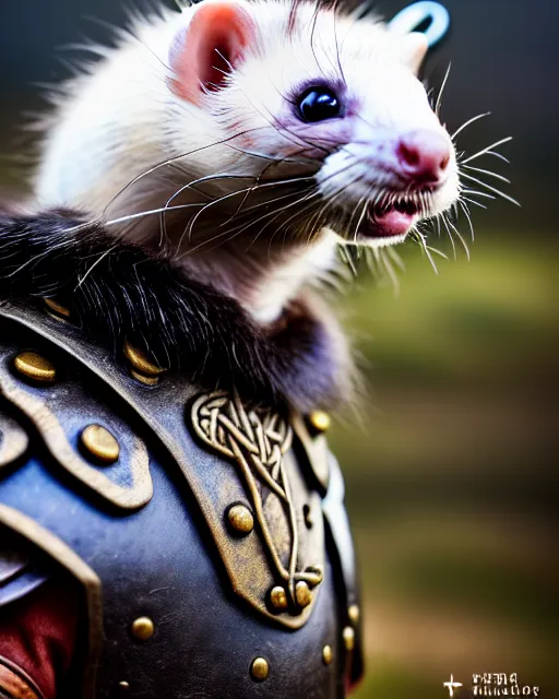 Image similar to ferret warrior, furry, fantasy, viking, high detailed, photography, cloudy, lightweight leather armour, scandinavia, plain, detailed face, look into the distance, serious face, full body, in full growth, professional photographer, masterpiece, 5 0 mm, extremely detailed, 8 k