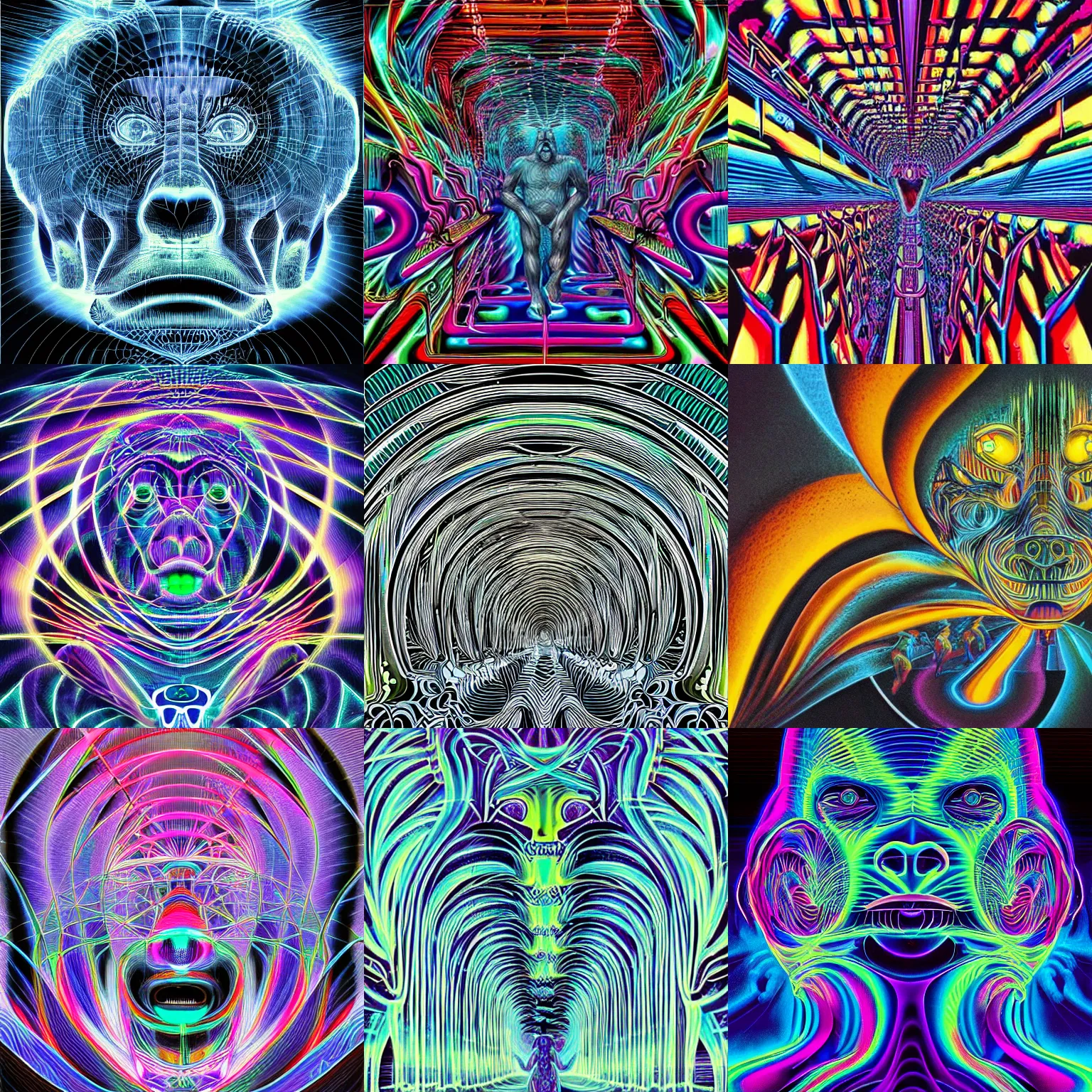 Prompt: elemental of the subliminal liminal spaces between the fabric of reality and unreality the quantification of the electrical etherical void that renders all volumetric cascades indeterminable in the style of alex grey and escher and beeple and technogloop, watercore fire gorillas
