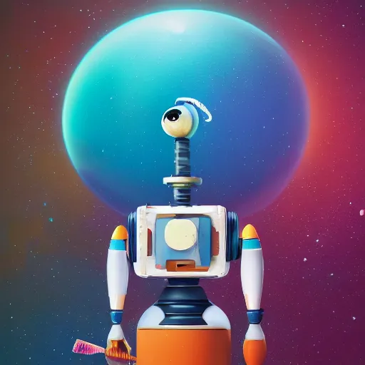 Image similar to portrait of space robot holding multiple big paintbrushes, painting a canvas, cute, pixar, photorealism 4 k, octane render, clean design, beautiful light