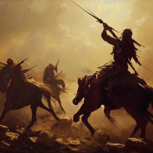 Image similar to a dramatic epic ethereal war scene during archetypical Old West period, 19th century, dynamic poses, cinematic lighting, highly detailed oil on canvas painting by Greg Rutkowski, winning-award digital art trending on Artstation H 832 W 1024