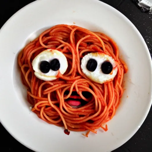 Image similar to spaghetti with meatballs shaped like screaming chucky doll