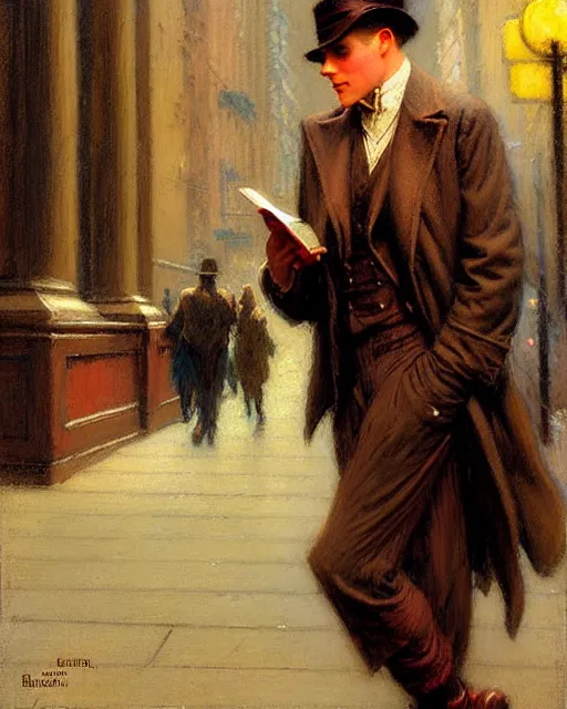 Image similar to attractive man handing out flyers to a broadway show, 1 9 2 0 s new york city, broadway, melancholy, nostalgia, painting by gaston bussiere, craig mullins, j. c. leyendecker