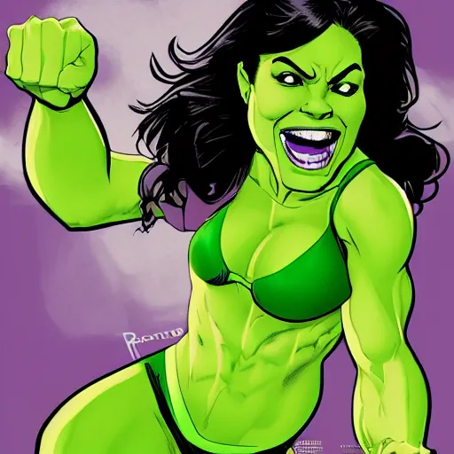 Image similar to Actress Rosario Dawson as She-Hulk, smiling, poster framed, comic pinup style, sports illustrated, detailed legs, artstation, illustration, posterized