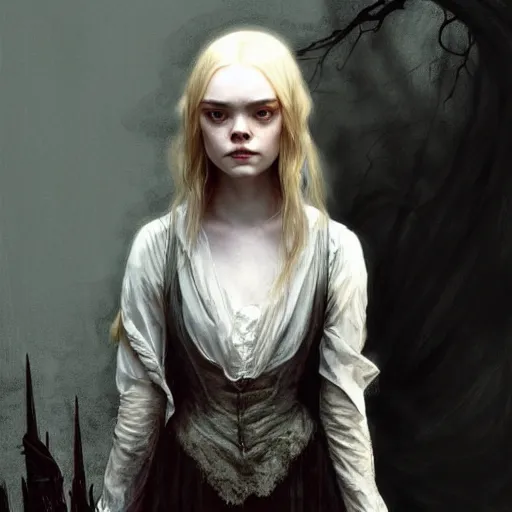 Image similar to asymmetrical!! portrait of elle fanning in bloodborne in the world of andrew wyeth, horror, fashion, dark!! intricate, elegant, highly detailed, digital painting, artstation, concept art, smooth, sharp focus, illustration, art by artgerm and greg rutkowski and alphonse mucha