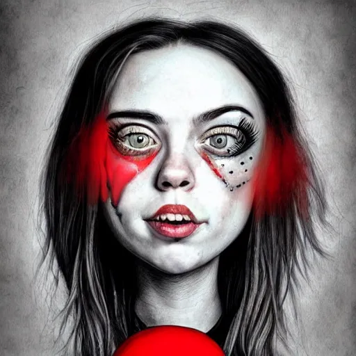 Prompt: surrealism grunge cartoon portrait sketch of billie eilish with a wide smile and a red balloon by - michael karcz, loony toons style, chucky style, horror theme, detailed, elegant, intricate