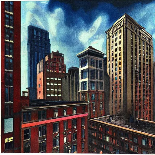 Prompt: full color ultra realistic painting of a balcony view of 1 9 2 5 boston downtown with a broken and distorted sky, dark, brooding, night, atmospheric, ultra - realistic, smooth, highly detailed