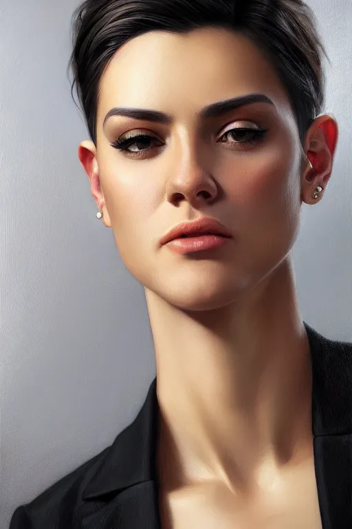 Image similar to photorealistic portrait of a young butch latina professional woman, handsome, female, masculine, upper body, fantasy, fierce, sharp features, intricate, elegant, highly detailed, digital painting, artstation, concept art, matte, sharp focus, illustration, art by artgerm and greg rutkowski and alphonse mucha