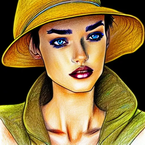 Image similar to drawing portrait of beautiful gorgeous woman with hat by Moebius science fiction