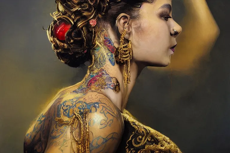 Image similar to an epic painting of a 1 9 years old girl figure, curly messy high bun hairstyle, oriental tattoos, jeweled ornament over forehead, subject wearing a gold and black high fashion gown, flowing, ornate, beautiful, intricate, dramatic earth colors, with few fire red highlights, by jeremy mann and greg rutkowski, oil on canvas, artstation