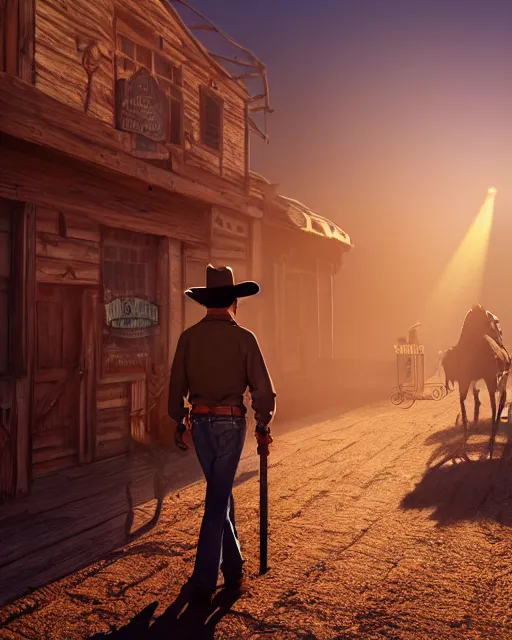 Image similar to an old cowboy walking through the door of a bustling, crowded. saloon, wild west, sunset lighting, dusty, sunbeams. digital illustration, colors, soft lighting, adventurous, atmospheric lighting, 8K, octane render. By Makoto Shinkai, Stanley Artgerm Lau, WLOP, Rossdraws, James Jean, Andrei Riabovitchev, Marc Simonetti, krenz cushart, Sakimichan, D&D trending on ArtStation, digital art.
