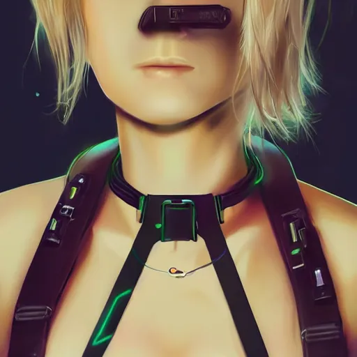 Image similar to female character cyberpunk wearing technological collar around neck, realistic, art, beautiful, 4K, collar, choker, collar around neck, punk, artstation, detailed,