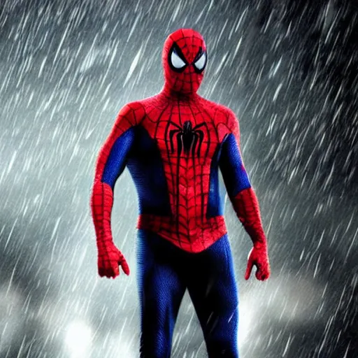 Image similar to jason statham as unmask spiderman, rain background, an film still