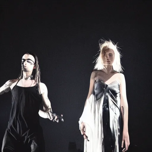 Prompt: an unfocused fashion photo of a man and a woman performing darkwave music, clothes by rick owens, faces veiled, short blond hair