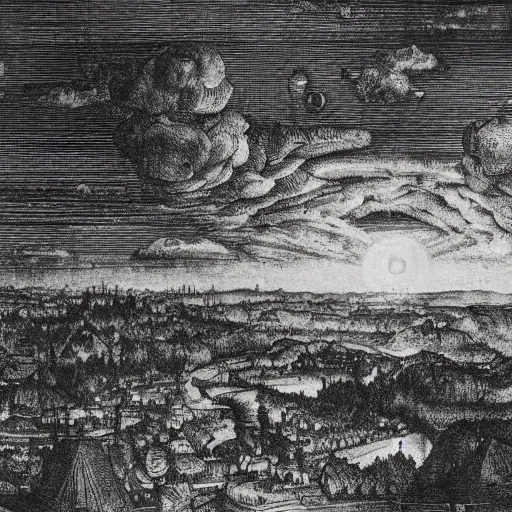 Prompt: foggy night sky, black and white, high detail, engraving, engraved, albrecht durer