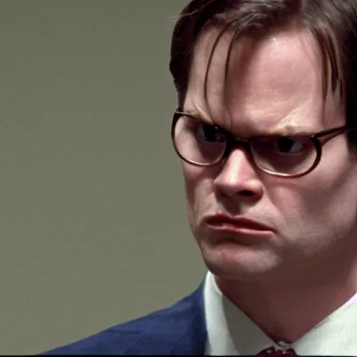 Prompt: dwight schrute as the american psycho, sweating profusely, cinematic still