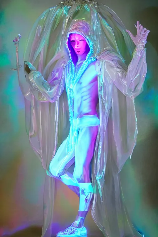 Prompt: full-body rococo and cyberpunk delicate neon crystalline sculpture of ((muscular slender albino prince Nick Jonas)) (((con la piroca dura))) as an iridescent humanoid deity wearing a thin see-through ((plastic hooded cloak)) sim roupa (holding a human skull), reclining con (((las piernas abiertas))), glowing pink face, crown of (white lasers), large diamonds, swirling black silk fabric. futuristic elements. oozing glowing liquid, full-length view. space robots. intricate artwork by caravaggio. Trending on artstation, octane render, cinematic lighting from the right, hyper realism, octane render, 8k, depth of field, 3D