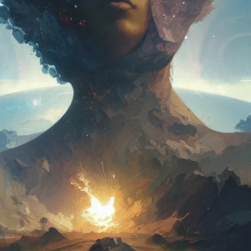 Image similar to Earth exploding in fragments, epic digital painting, artstation, concept art, sharp focus, illustration, art by greg rutkowski and alphonse mucha