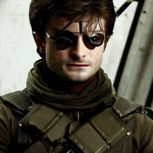 Prompt: Solid Snake played by Daniel Radcliffe wearing an eyepatch, Metal Gear movie still, cinematic,