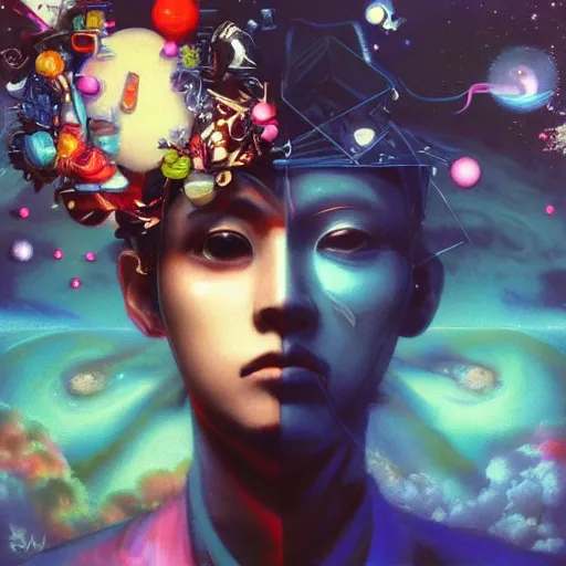 Image similar to surreal vaporwave painting, by yoshitaka amano, by ruan jia, by conrad roset, by kilian eng, by good smile company, incredibly detailed, of floating molecules and a mannequin artist holding an icosahedron with stars, clouds, and rainbows in the background, cgsociety, artstation, modular patterned mechanical costume and headpiece, vaporwave atmosphere