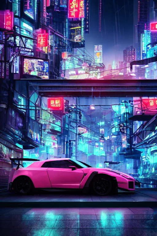 Image similar to GTR XU1 car, Futuristic Asian city at night with rain, Cyberpunk style, Neon lights, Matte painting, cinematic lighting, corona render, smoke, light rays, 8k