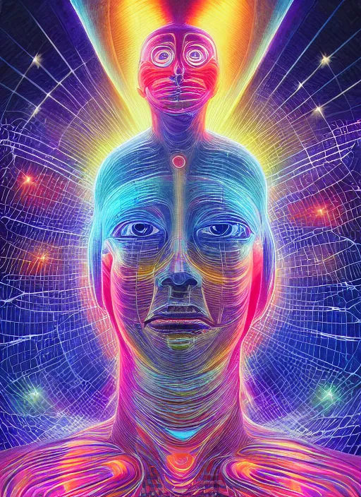 Image similar to humankind transcendence into collaborative intelligence, group intelligence, ai, by alex grey, album cover, award winning, beautiful, colorful, volumetric lighting, trending on artstation