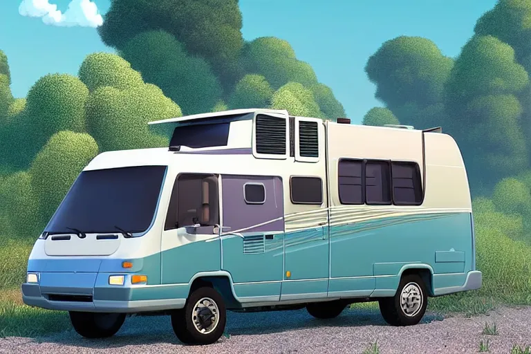 Image similar to a wholesome animation key shot of!! one!! focused! 1 9 9 4 fiat hymer motorhome! in the romanian countryside, medium shot, studio ghibli, ( ( pixar ) ) and disney animation, sharp, very detailed, high resolution, rendered in unreal engine 5, anime key art by greg rutkowski, bloom, dramatic lighting