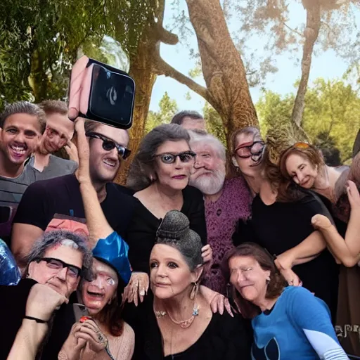 Prompt: carrie fisher showed up for my birthday party! selfie photograph, multiple people, detailed, trending on reddit, 8 k hdr,