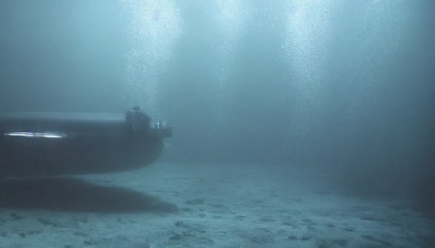 Image similar to Big budget horror movie, a submarine approaches an underwater biolab, deep in the ocean, dark and gloomy