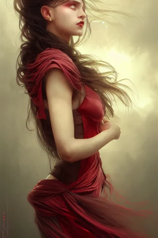 Image similar to portrait of cyberpunk woman, dark fantasy, gradient white red grey, dreamy and ethereal, brown eyes, golden ratio, peaceful expression, ornate frilly dress, fantasy, intricate, elegant, clouds and wind, highly detailed, digital painting, artstation, concept art, smooth, b sharp focus, illustration, art by artgerm and greg rutkowski and alphonse mucha