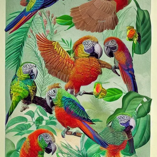 Image similar to beautiful elegant ernst haeckel fauna illustration of many greek cheek conures!!!!!! and flowers, ( greek cheek conure ) ( green cheeked parakeet ) ( pyrrhura molinae )