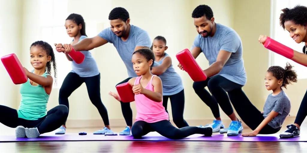 Image similar to a husband and wife exercising with four kids studying, award winning photo,