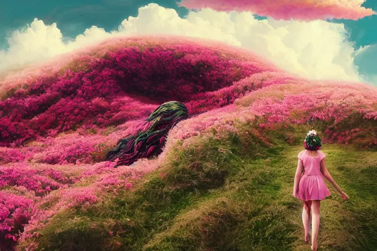 Image similar to giant dahlia flower crown head on girl walking on mountain, surreal photography, pink storm clouds, dramatic light, impressionist painting, digital painting, artstation, simon stalenhag