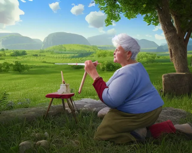 Prompt: of a very beautiful scene. ambient occlusion render. a sweet fat old woman is painting a pastoral landscape on the wall. hyper realistic. 4 k. wide angle. wild. symmetrical face, red mouth, blue eyes. deep focus, lovely scene. ambient occlusion render. concept art. unreal engine.